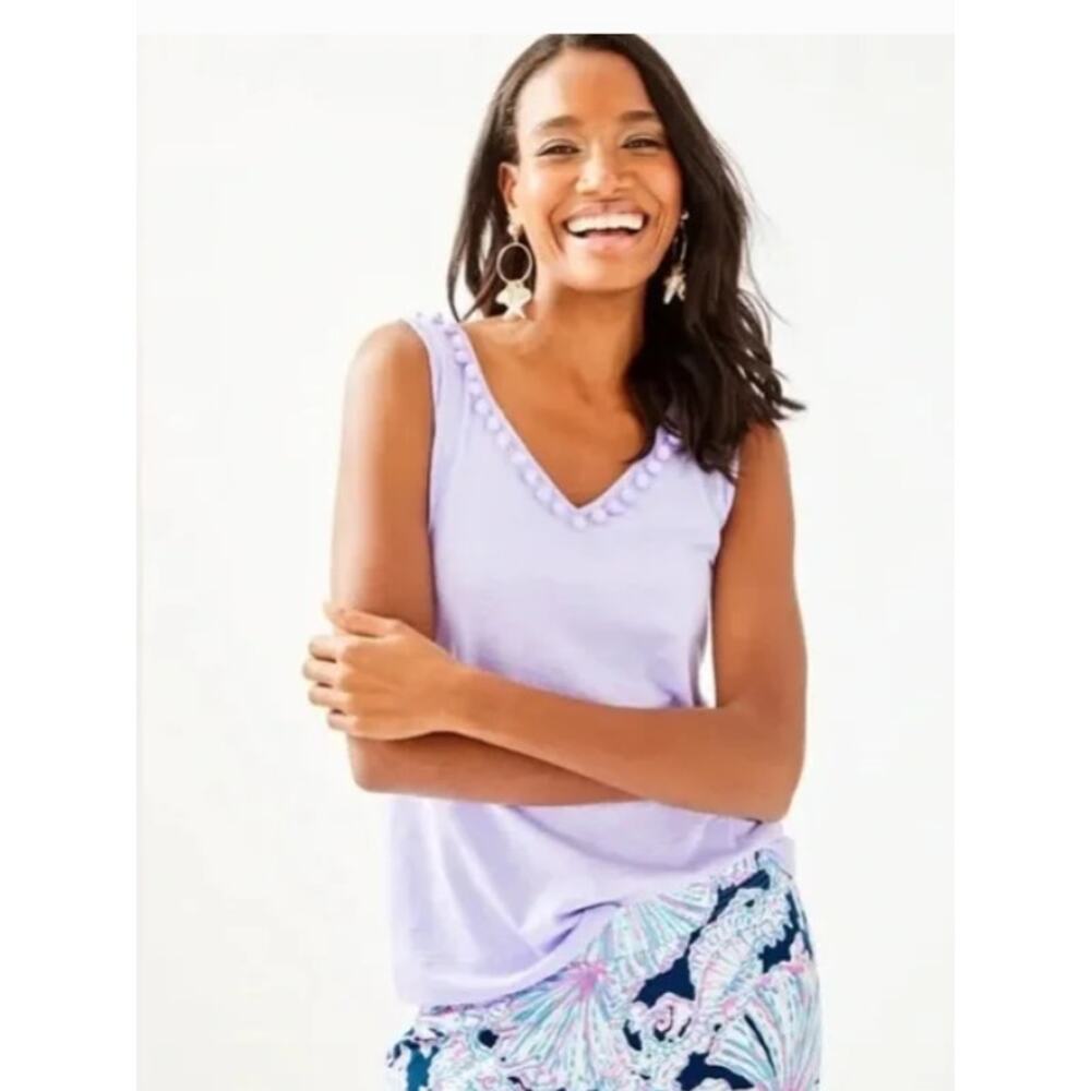 Lilly Pulitzer Size XL Purple Lilac Verbena Gigi Pom Pom Double V-Neck Tank Top